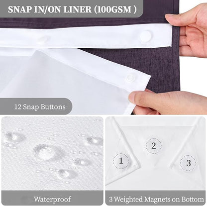Purple Ringless Linen Textured Shower Curtain with Snap in Liner 72x75 | 3 in 1 Hotel Shower Curtain Set, Removable Liner, Waterproof & Washable, Mesh Top Window, Durable Fabric, Easy to Install