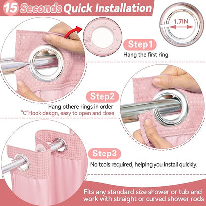 Conbo Mio Extra Long No Hook Waffle Weave Shower Curtain with Snap in Liner Set, Hotel Luxury Pink Shower Curtains for Bathroom with See Through Top Window, Waterproof, Washable 71W x 84H
