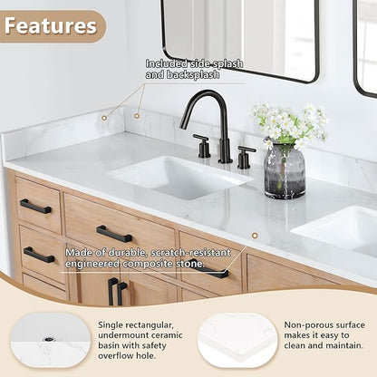 Ceres 84" Engineered Stone Vanity Top in Grain White with Double White Sinks