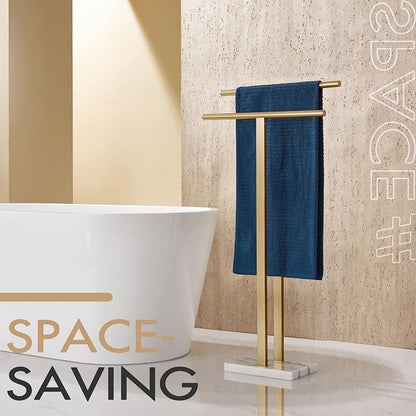 KOKOSIRI Standing Towel Rack for Bathroom Floor 2-Tier Towel Holder Free Stand with Heavy Marble Base Thicken Steady Champagne Bronze Stainless Steel THS0005-CPG