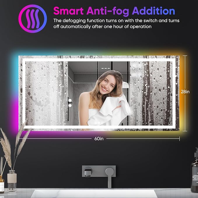 Antok 60x28 LED Bathroom Mirror with Lights, Backlit + Front Lit Vanity Mirror with CRI>90, Dimmable Anti-Fog Smart Mirror with Memory Function, 11 Color Temperatures, Shatterproof Tempered Glass, ETL