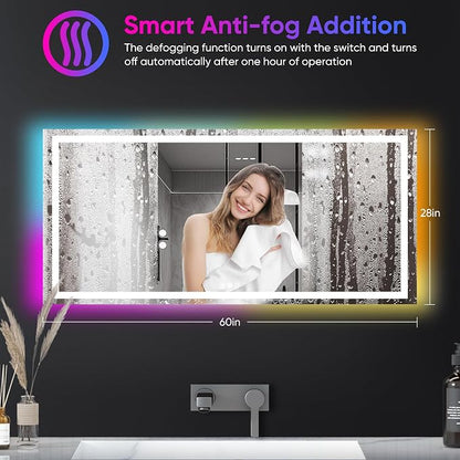 Antok 60x28 LED Bathroom Mirror with Lights, Backlit + Front Lit Vanity Mirror with CRI>90, Dimmable Anti-Fog Smart Mirror with Memory Function, 11 Color Temperatures, Shatterproof Tempered Glass, ETL