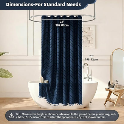 Extra Long Boho Navy Blue Shower Curtain, Woven Fabric Shower Curtain, Tufted Chevron Striped, 72 x 78, Modern Chic Textured Minimalist Bathroom Cloth Shower Curtains
