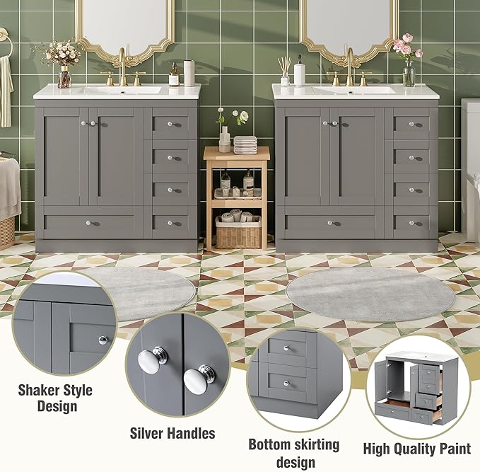 Harper & Bright Designs 72" Bathroom Vanity Set with Double Sink, Vanity Cabinet with 4 Cabinet Doors and 8 Drawers, Solid Wood Bathroom Cabinet with Ceramic Basin for Bathroom, Grey