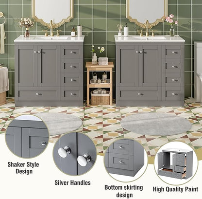 Harper & Bright Designs 72" Bathroom Vanity Set with Double Sink, Vanity Cabinet with 4 Cabinet Doors and 8 Drawers, Solid Wood Bathroom Cabinet with Ceramic Basin for Bathroom, Grey