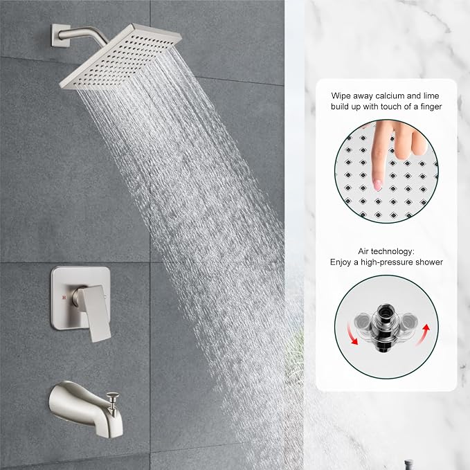Heyalan 8-Inch Shower Faucet Set with Tub Spout and Valve,Brushed Nickel | 8-inch square rainfall head, tub spout with diverter, male-thread rough-in valve, single-handle control and wall-mount design