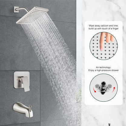 Heyalan 8-Inch Shower Faucet Set with Tub Spout and Valve,Brushed Nickel | 8-inch square rainfall head, tub spout with diverter, male-thread rough-in valve, single-handle control and wall-mount design