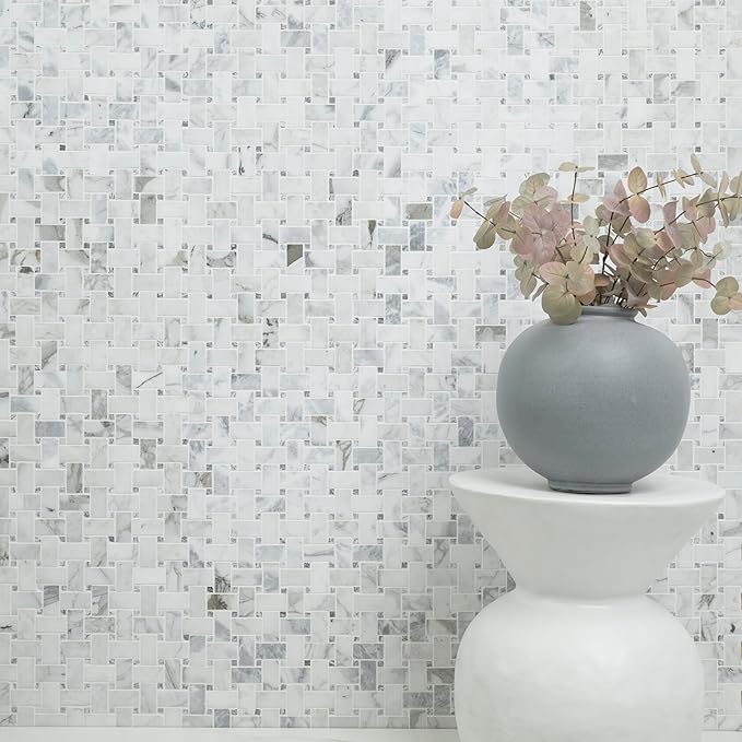 MSI Calacatta Cressa Honed Marble Basketweave Wall Tile for Kitchen Backsplash, for Bathroom, Accent, and Shower Tile, Mesh-Mounted Mosaic Tile, 12.2 x 12.2, White, 10 Piece
