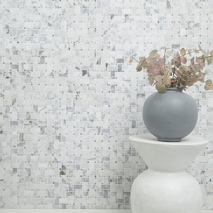 MSI Calacatta Cressa Honed Marble Basketweave Wall Tile for Kitchen Backsplash, for Bathroom, Accent, and Shower Tile, Mesh-Mounted Mosaic Tile, 12.2 x 12.2, White, 10 Piece