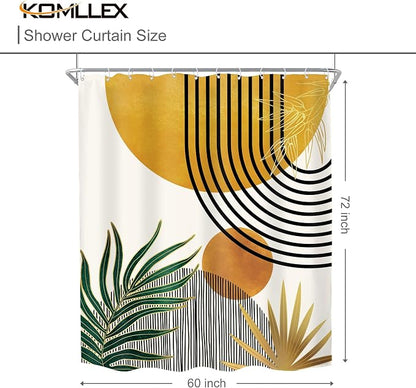 Mid Century Boho Abstract Modern Sun Minimalist Bathroom Shower Curtain Set | 60Wx72L Arch Curve design, waterproof HD print with fast-drying fabric and 12 hooks.