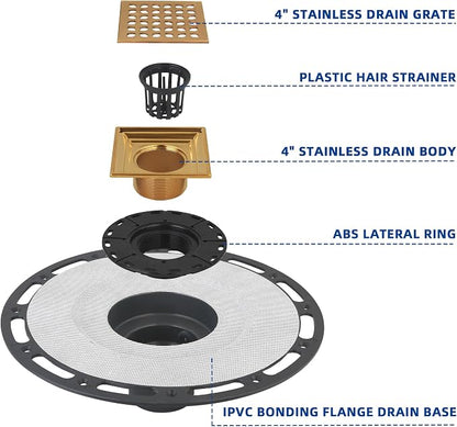 4-Inch Square Shower Drain Kit with Bonding Flange, Polished Gold | Removable 304 stainless steel grate with hair strainer; fits 2- and 3-inch pipes for tiled shower floors and wet areas