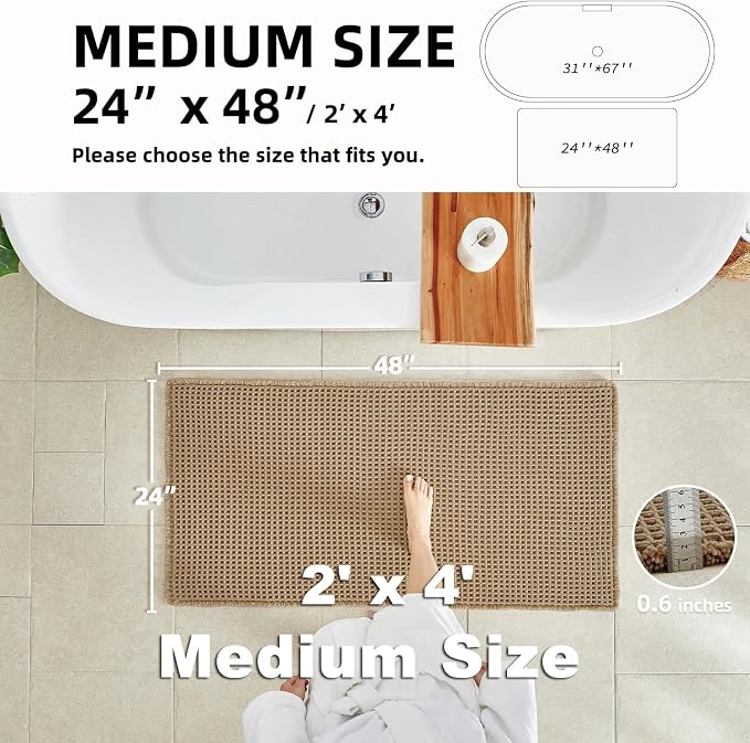 TYUU Waffle Bath Mat, Boho Bathroom Rugs Non Slip Washable, 48x24 Khaki | Super Absorbent Quick Dry Bath Rug, Non-Slip Backing, Soft Waffle Boho Farmhouse Bathroom Mats, Tub, Shower & Home Decor