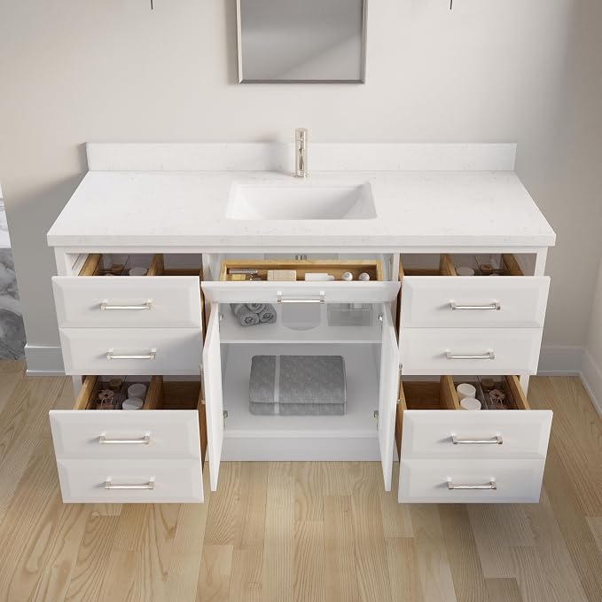 Capri III 60" Single Sink Bathroom Vanity With Stealth Organizer, Solid Wood Bathroom Cabinet with Engineered Stone Countertop & Backspalsh, Soft Closing Door & Drawer, Pre-Assembled, White