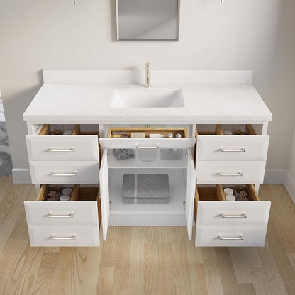 Capri III 60" Single Sink Bathroom Vanity With Stealth Organizer, Solid Wood Bathroom Cabinet with Engineered Stone Countertop & Backspalsh, Soft Closing Door & Drawer, Pre-Assembled, White