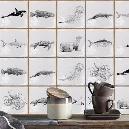 Alwayspon Vinyl Sticker Peel and Stick, Self-Adhesive Wall Tile Transfers Backsplash Sticker Decal for Kitchen Bathroom, 6x6inch/15x15cm 30Pcs, Marine Lives T034
