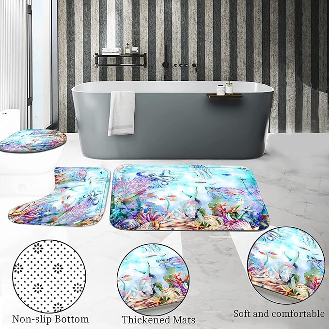 4-Piece Blue Ocean Seaworld Shower Curtain Set Marine Life Bathroom Set with Shower Curtain and Rugs, Octopus Turtle Coral Seagrass Seaworld Bath Curtain with Hooks for Home Decor