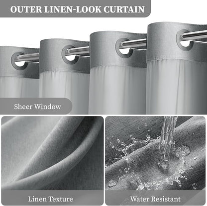 72x81 Ringless Linen Textured Shower Curtain with Snap in Liner, Grey | Tall Size, 3 in 1 Shower Curtain Set, Removable Liner, Waterproof & Washable, Mesh Top Window, Durable Fabric, Easy Setup
