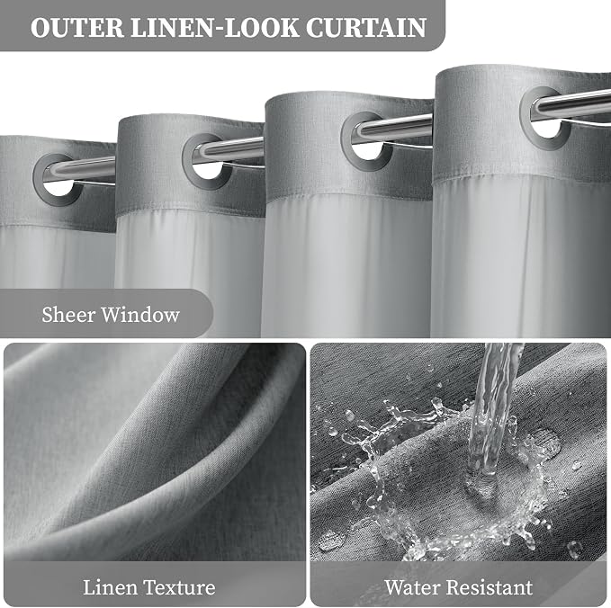 72x87 Ringless Linen Textured Shower Curtain with Snap in Liner, Grey | Extra Long Size, 3 in 1 Durable Fabric Shower Curtain, Removable Liner, Waterproof & Washable, Mesh Top Window, Easy Setup