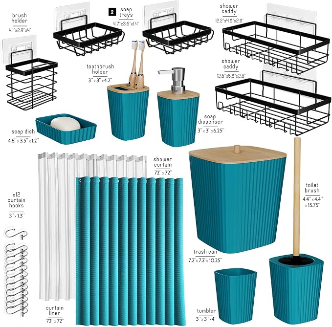 Clara Clark Bathroom Accessories Set - Bathroom Set with Adhesive Corner Shower Caddy Hanging, 25PC Bathroom Accessory Set, Teal Shower Curtain Set, Toilet Brush, Trash Can & Soap Dispenser | 25 Piece Bathroom Accessories Set with Toothbrush Holder, So...