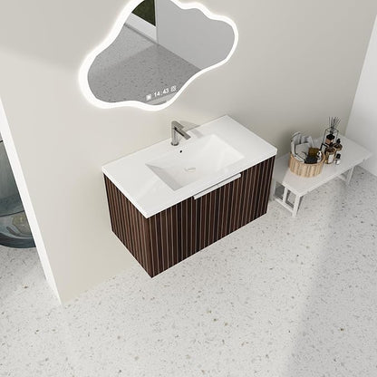 SSLine Wall Mounted Bathroom Vanity with Sink Combo Modern 36-Inch Single Bathroom Vanity Set with Top Basin &Storage Cabinet Wood Hanging Bath Cabinet w/Resin Sink for Small Space(Dark Brown Stripe)
