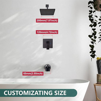 Heyalan 8 Inch Shower Faucet Set with Tub Spout and Valve,Oil Rubbed Bronze | 8-inch square rainfall head, tub spout with diverter, male-thread rough-in valve, single-handle control and wall-mount design