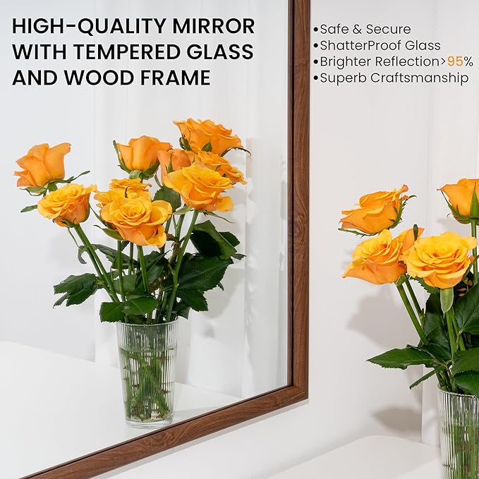 24"x32" Arch Wall Mirror for Wall, Wall Mounted Vanity Mirror for Bedroom, Wood Grain Finish Frame Mirror with Tempered Glass, Vintage Decorative for Bathroom, Entryway, Living Room, Walnut