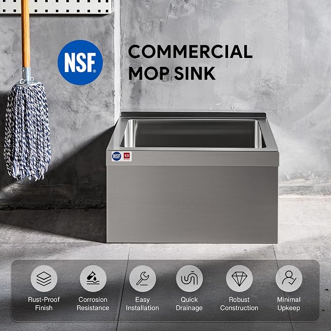 Commercial Mop Sink, 19x16x8 Inch 304 Stainless Steel Utility Sink with Strainer & X-Shaped Floor Guides for Kitchen Laundry Garage Pet Salon