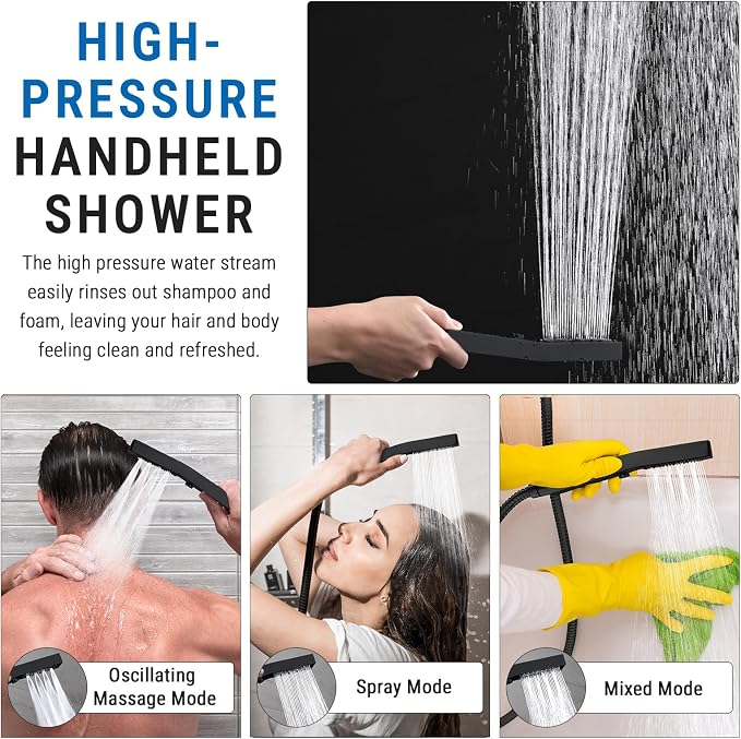 G-Promise 10 Inch All Metal Rain Shower Head with Handheld (Matte Black) | Suits Every Height, Pause Mode Diverter, Massage Mode Handheld, Full Body Coverage, Easy to Install, Modern Bath Upgrade