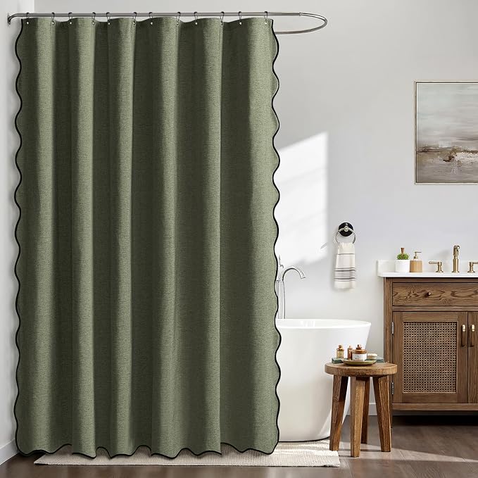 MIULEE 72"x84" Extra Long Scalloped Linen Shower Curtain Olive Green | Linen Textured, Waterproof, Washable, 12 Metal Hooks, Heavy Duty Cloth, Black Border, Shower Curtain for Bathroom Bathtub