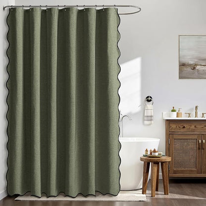 MIULEE 72"x84" Extra Long Scalloped Linen Shower Curtain Olive Green | Linen Textured, Waterproof, Washable, 12 Metal Hooks, Heavy Duty Cloth, Black Border, Shower Curtain for Bathroom Bathtub