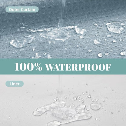 eachope No Hook Waffle Shower Curtain with Snap-in Liner, 71x74 Inch, Teal | 230 GSM waffle weave fabric, waterproof liner set with 2 bottom magnets, mesh top window, washable, for bathroom or hotel use