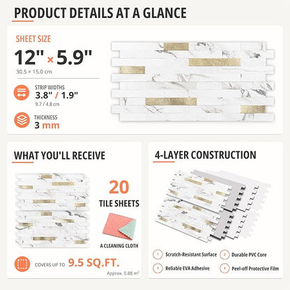 StyloVue 20 Sheets Peel and Stick Backsplash for Kitchen, Volakas White Marble Look with Gold Metal, Stick on Tile for Kitchen Backsplash, RV, Fireplace