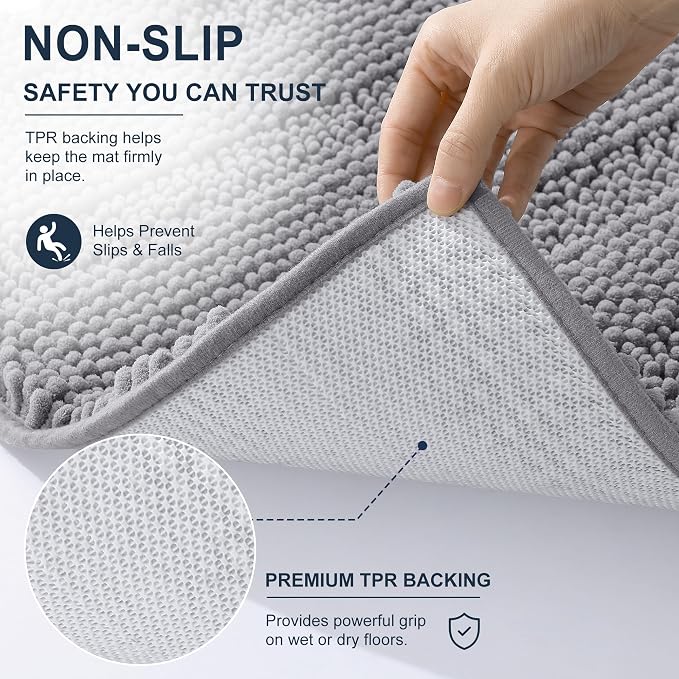 Smiry Thick Chenille Bathroom Rugs 30x20, Soft Absorbent Bath Mat, Grey | Quick‑Dry & Machine Washable, Non‑Slip Bath Carpet, Striped Bath Rugs for Tub & Shower, Modern Home Decor Accessories
