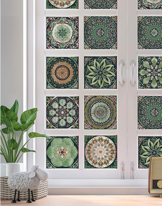 Easy Peel Stick Vinyl wall Tile Decals 6x6in Stick on backsplash,12Pc | Waterproof&heat resistant tile stickers for kitchen RV laundry backsplash decor,remove no damaging,green mandala pattern