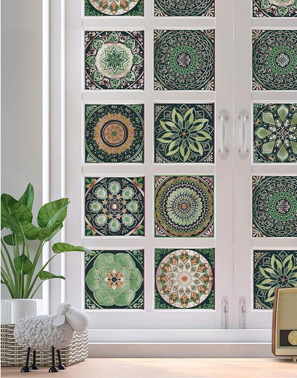 Easy Peel Stick Vinyl wall Tile Decals 6x6in Stick on backsplash,12Pc | Waterproof&heat resistant tile stickers for kitchen RV laundry backsplash decor,remove no damaging,green mandala pattern