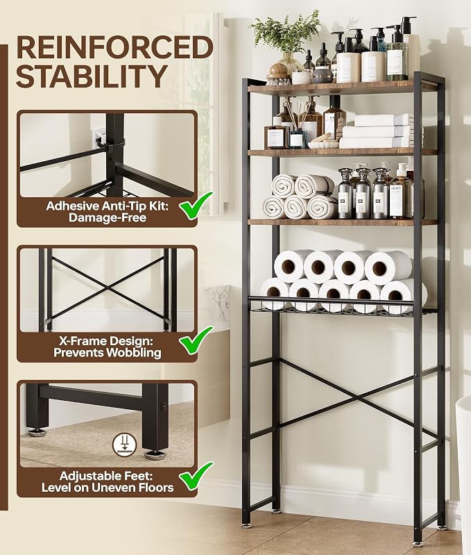 4-Tier Over-the-Toilet Storage Rack with One-Piece Wooden Shelves & Open Net Basket, Bathroom Organizer with Adjustable Feet & Anti-Tip Kit, Space-Saving Toilet Shelf, Brown, 24.4" x 9.4" x 69.3"