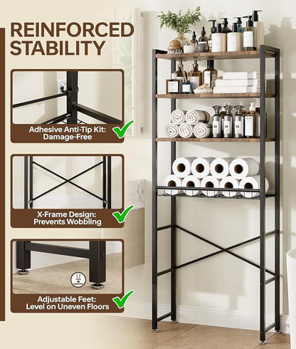 4-Tier Over-the-Toilet Storage Rack with One-Piece Wooden Shelves & Open Net Basket, Bathroom Organizer with Adjustable Feet & Anti-Tip Kit, Space-Saving Toilet Shelf, Brown, 24.4" x 9.4" x 69.3"
