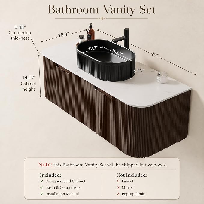 48 Inch Bathroom Vanity with Sink, Floating Wall Mounted Single Sink Vanity, Dark Walnut Curved Fluted Front, Stone Top, Black Textured Oval Vessel Basin, Pre-Assembled