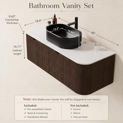 48 Inch Bathroom Vanity with Sink, Floating Wall Mounted Single Sink Vanity, Dark Walnut Curved Fluted Front, Stone Top, Black Textured Oval Vessel Basin, Pre-Assembled