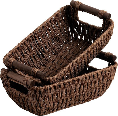 StorageWorks Small Baskets for Organizing, Woven Basket for Shelves | Wicker Storage Baskets for Shelves, Baskets with Wooden Handles, 2-Pack Gifts Basket for Home Decor, Hand-Woven Basket