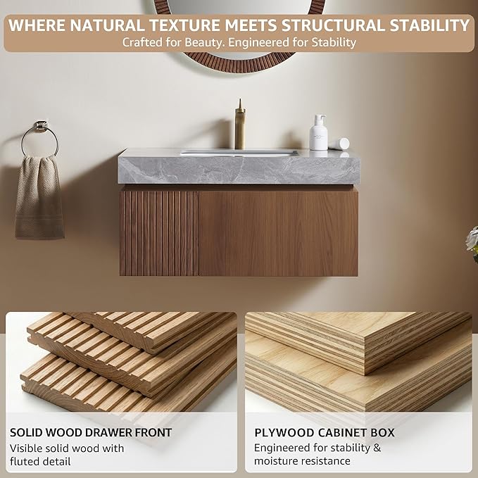 36” Floating Bathroom Vanity with Sink, Wall-Mounted Cabinet with Drawer & Doors, Gray Travertine-Pattern Sintered Stone Top, Undermount Basin, Single Faucet Hole, Soft-Close, Pre-Assembled, Brown Oak