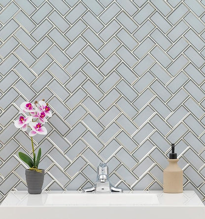 MSI Ice Bevel Herringbone 11 in. x 14 in. Glossy Glass Tile for Kitchen Backsplash, Wall for Bathroom, Accent, and Shower Wall Tile Mesh-Mounted Mosaic