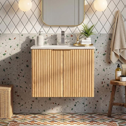 24 Inch Bathroom Vanity with Sink, Wall Mounted Floating Cabinet with Ceramic Basin, Waterproof Engineered Wood for Powder Room & Small Bathroom