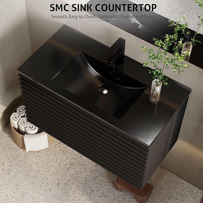 eclife 36" Floating Bathroom Vanity with Sink Combo, Mid-Century Wall Mounted Cabinet with Wood Stripes Decor, Drawers, Undermount Single Black Sink, Faucet, Drain, Black