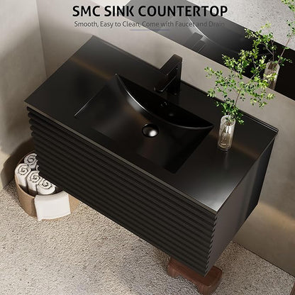 eclife 36" Floating Bathroom Vanity with Sink Combo, Mid-Century Wall Mounted Cabinet with Wood Stripes Decor, Drawers, Undermount Single Black Sink, Faucet, Drain, Black