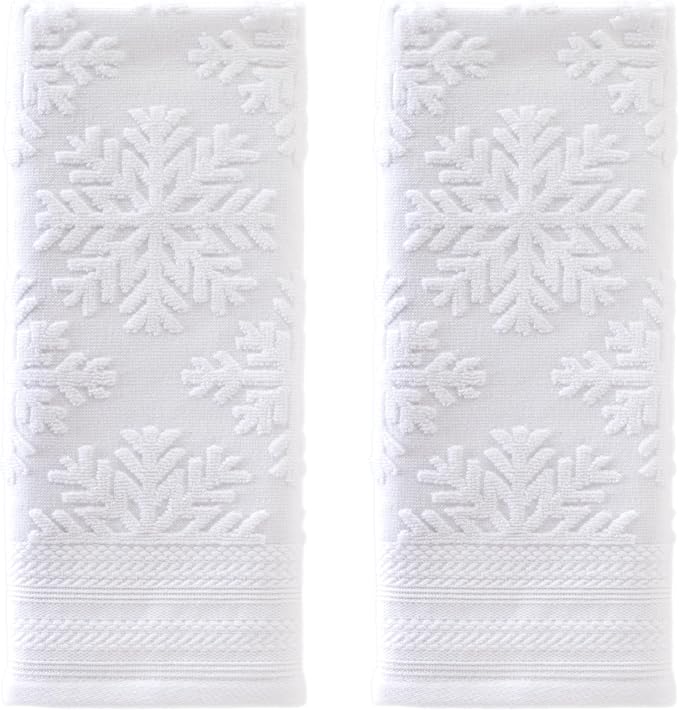 SKL Home Christmas/Winter Subtle Snowflakes Hand Towel Set-2pc, White | 100% Cotton. 500 GSM. Soft & absorbent. Textured jacquard pattern. Great for use in the bathroom, kitchen or bar & gifting.