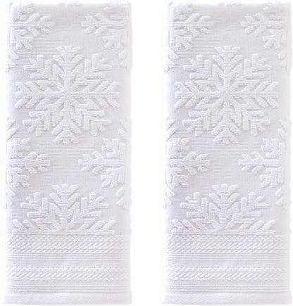 SKL Home Christmas/Winter Subtle Snowflakes Hand Towel Set-2pc, White | 100% Cotton. 500 GSM. Soft & absorbent. Textured jacquard pattern. Great for use in the bathroom, kitchen or bar & gifting.