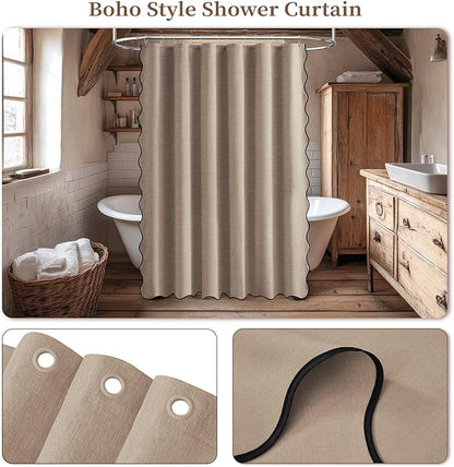 BTTN Extra Long Shower Curtain, 72x90 Boho Scalloped Linen Textured Heavy Duty Fabric Shower Curtain Set with 12 Hooks, Tall Rustic Farmhouse Country Waterproof Shower Curtains for Bathroom, Tan/Taupe