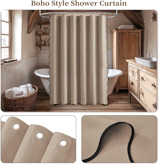 BTTN Tan Scalloped Shower Curtain, Boho Linen Textured Heavy Duty Fabric Shower Curtain Set with 12 Plastic Hooks, Vintage Modern Waterproof Washable Cloth Shower Curtains for Bathroom, 72x72, Taupe