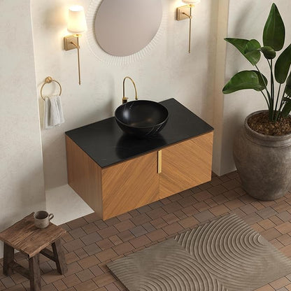 LKTART 36 Inch Bathroom Vanity with Sink, Modern Wall Mounted Bathroom Sink with 2 Doors, Black Sintered Stone Countertop and Black Bowl Ceramic Basin